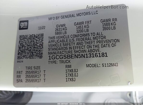 1GCGSBEN5N1316181 2022 CHEVROLET COLORADO White Շարժիչի բաժամունքի տեսք