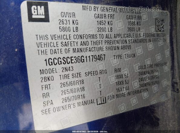 1GCGSCE36G1179467 2016 CHEVROLET COLORADO Blue 