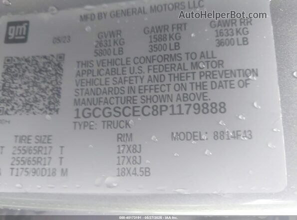 1GCGSCEC8P1179888 2023 CHEVROLET COLORADO Gray Engine compartment view