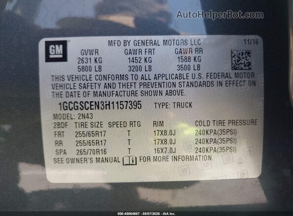 1GCGSCEN3H1157395 2017 CHEVROLET COLORADO Gray 