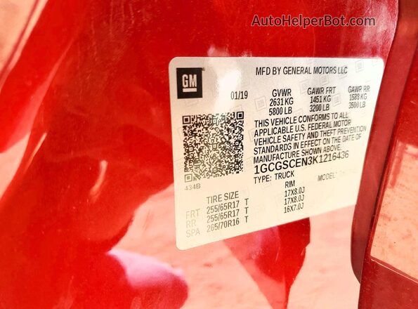 1GCGSCEN3K1216436 2019 CHEVROLET COLORADO Red Vista del compartimento del motor