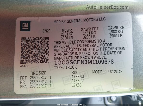 1GCGSCEN3M1109678 2021 CHEVROLET COLORADO Gray 