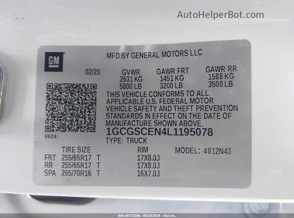 1GCGSCEN4L1195078 2020 CHEVROLET COLORADO Белый Вид подкапотного пространства