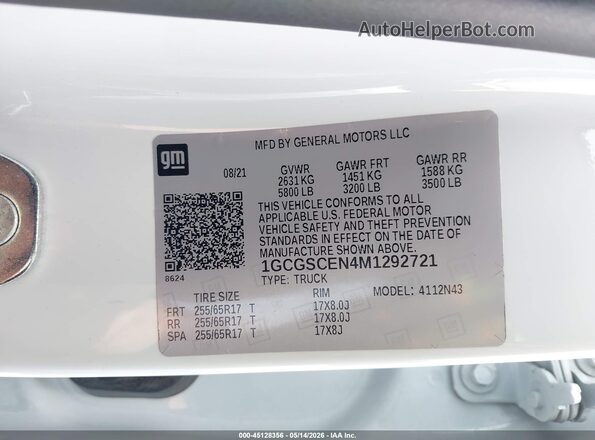 1GCGSCEN4M1292721 2021 CHEVROLET COLORADO White Engine compartment view