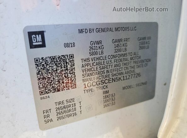 1GCGSCEN5K1127726 2019 CHEVROLET COLORADO White VIN կոդի պիտակի տեսք