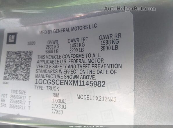 1GCGSCENXM1145982 2021 CHEVROLET COLORADO Gray Շարժիչի բաժամունքի տեսք