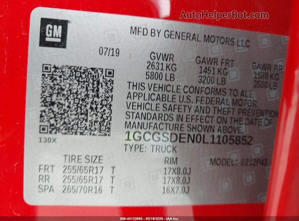 1GCGSDEN0L1105852 2020 CHEVROLET COLORADO Red Շարժիչի բաժամունքի տեսք