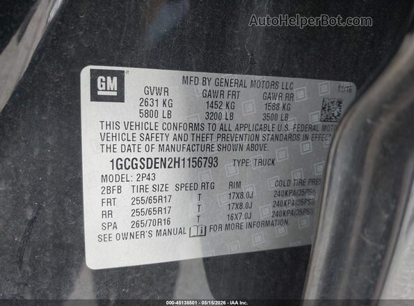 1GCGSDEN2H1156793 2017 CHEVROLET COLORADO Black Engine compartment view