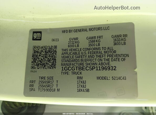 1GCGTBEC5P1196932 2023 CHEVROLET COLORADO White Engine compartment view