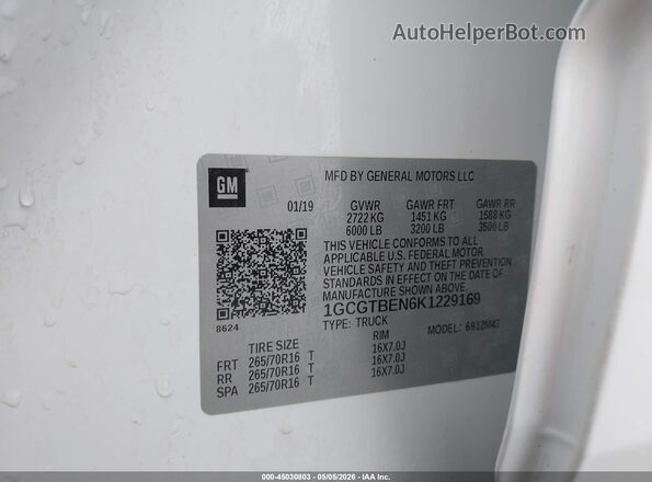 1GCGTBEN6K1229169 2019 CHEVROLET COLORADO White Вид підкапотного простору