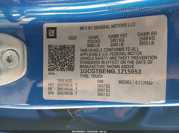 1GCGTBEN6L1215953 2020 CHEVROLET COLORADO Blue Engine compartment view
