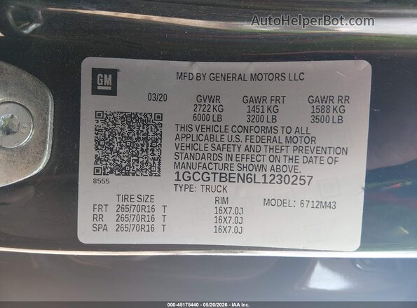 1GCGTBEN6L1230257 2020 CHEVROLET COLORADO Black ძრავის განყოფილების ხედი