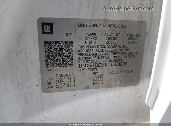 1GCGTBENXL1108808 2020 CHEVROLET COLORADO White 