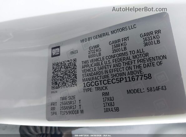 1GCGTCEC5P1167758 2023 CHEVROLET COLORADO White Engine compartment view