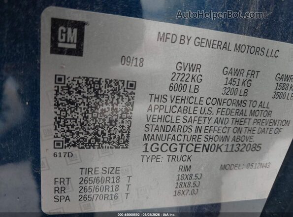 1GCGTCEN0K1132085 2019 CHEVROLET COLORADO Blue Engine compartment view