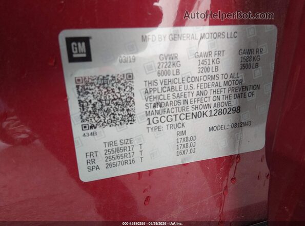 1GCGTCEN0K1280298 2019 CHEVROLET COLORADO Red Widok komory silnika