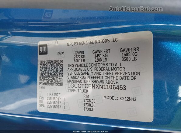 1GCGTCENXN1106453 2022 CHEVROLET COLORADO Blue Вид підкапотного простору