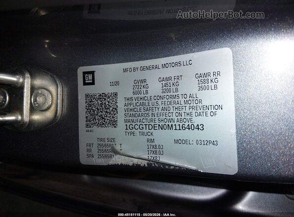 1GCGTDEN0M1164043 2021 CHEVROLET COLORADO Gray Engine compartment view