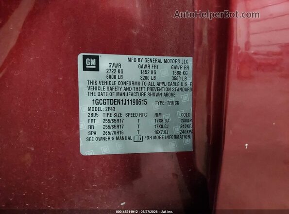 1GCGTDEN1J1190615 2018 CHEVROLET COLORADO Red Շարժիչի բաժամունքի տեսք