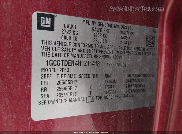 1GCGTDEN4H1211418 2017 CHEVROLET COLORADO Красный 
