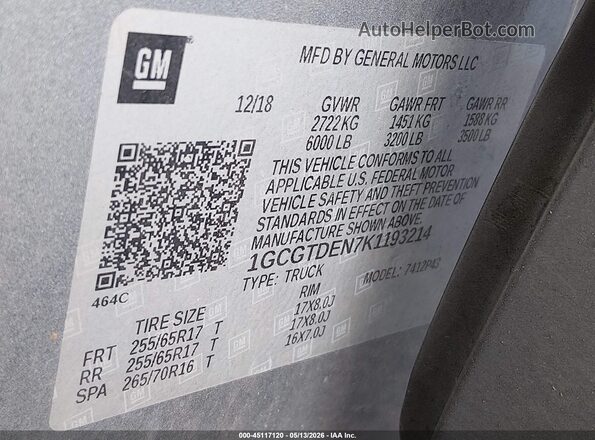 1GCGTDEN7K1193214 2019 CHEVROLET COLORADO Gray Engine compartment view