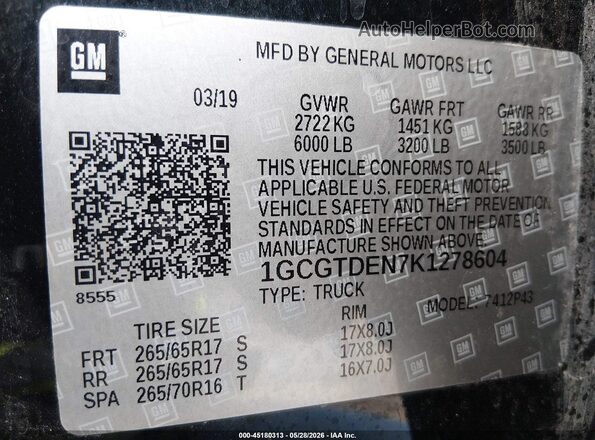 1GCGTDEN7K1278604 2019 CHEVROLET COLORADO Black ძრავის განყოფილების ხედი