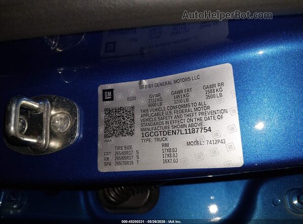 1GCGTDEN7L1187754 2020 CHEVROLET COLORADO Blue ძრავის განყოფილების ხედი