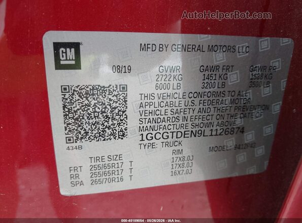 1GCGTDEN9L1126874 2020 CHEVROLET COLORADO Maroon Вид підкапотного простору