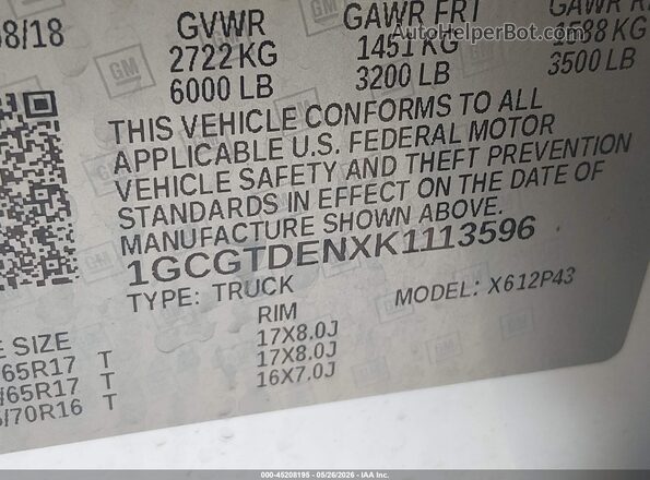 1GCGTDENXK1113596 2019 CHEVROLET COLORADO Белый Вид подкапотного пространства