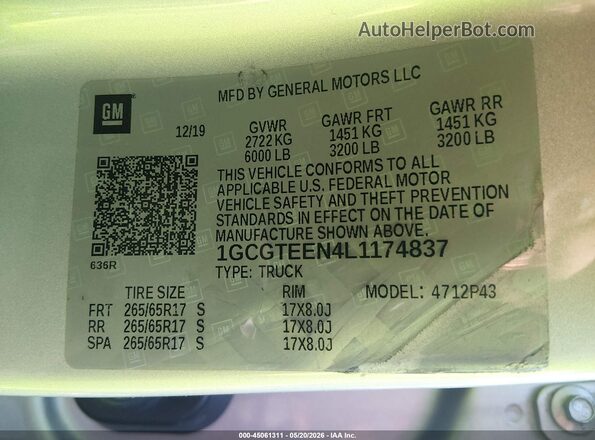 1GCGTEEN4L1174837 2020 CHEVROLET COLORADO Серебряный 