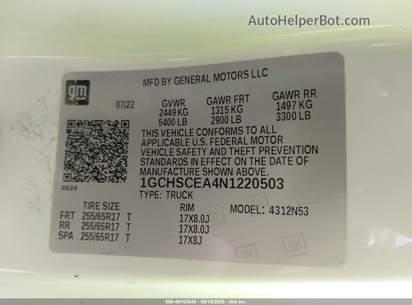 1GCHSCEA4N1220503 2022 CHEVROLET COLORADO White Вид підкапотного простору