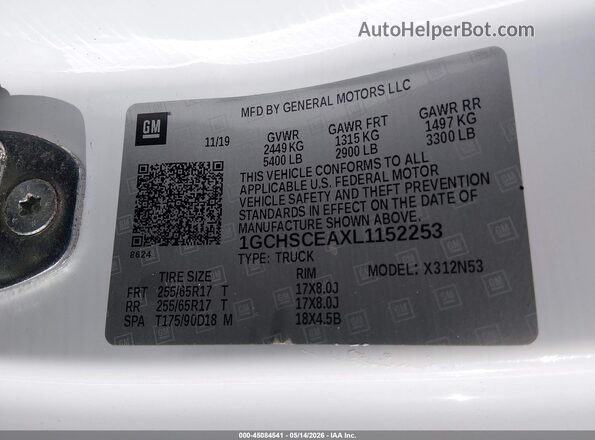 1GCHSCEAXL1152253 2020 CHEVROLET COLORADO White Вид підкапотного простору