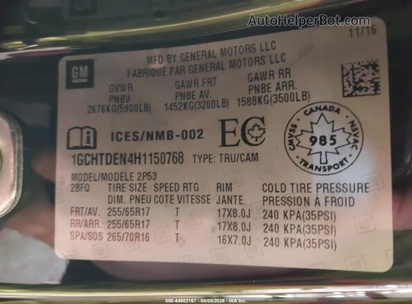 1GCHTDEN4H1150768 2017 CHEVROLET COLORADO Черный Вид подкапотного пространства