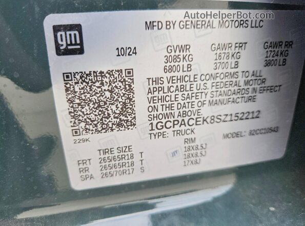 1GCPACEK8SZ152212 2025 CHEVROLET SILVERADO Green VIN კოდის სტიკერის ხედი