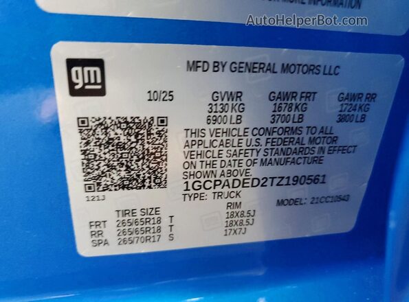 1GCPADED2TZ190561 2026 CHEVROLET SILVERADO Blue Widok naklejki z numerem VIN