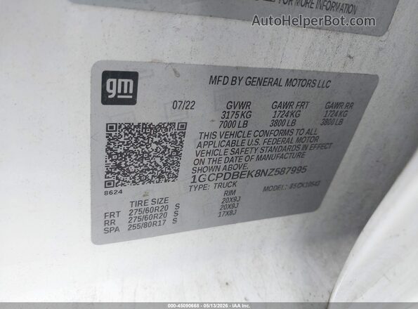1GCPDBEK8NZ587995 2022 CHEVROLET SILVERADO White Շարժիչի բաժամունքի տեսք