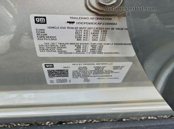 1GCPDBEKXPZ289693 2023 CHEVROLET SILVERADO Gray VIN sticker view