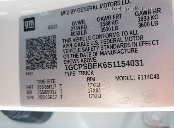 1GCPSBEK6S1154031 2025 CHEVROLET COLORADO White Вид наклейки з VIN-кодом