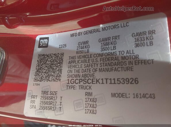 1GCPSCEK1T1153926 2026 CHEVROLET COLORADO Red Շարժիչի բաժամունքի տեսք