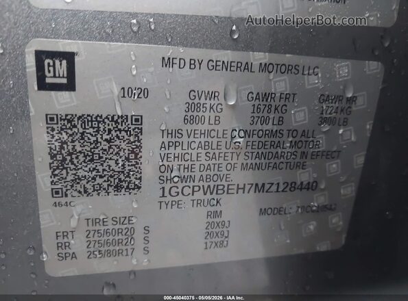1GCPWBEH7MZ128440 2021 CHEVROLET SILVERADO Silver 