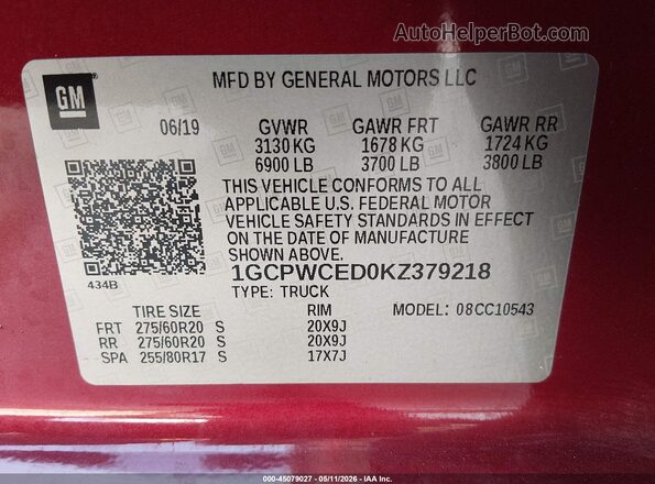 1GCPWCED0KZ379218 2019 CHEVROLET SILVERADO Red 