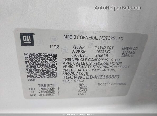 1GCPWCED4KZ180883 2019 CHEVROLET SILVERADO Silver Engine compartment view