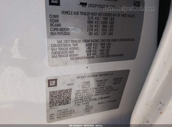 1GCPYCEF0LZ364697 2020 CHEVROLET SILVERADO White 