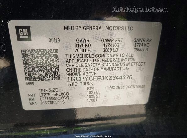 1GCPYCEF3KZ344376 2019 CHEVROLET SILVERADO Черный 