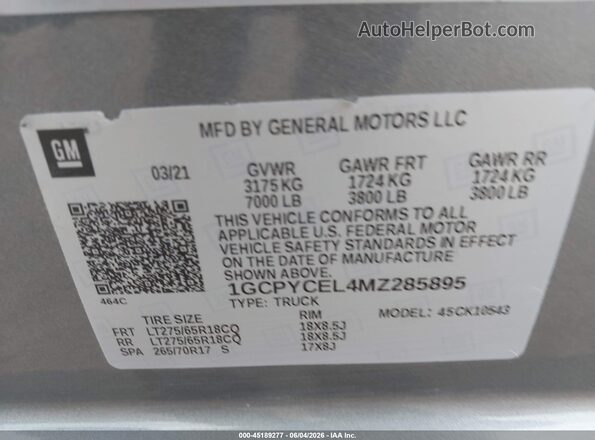 1GCPYCEL4MZ285895 2021 CHEVROLET SILVERADO Серый Вид подкапотного пространства