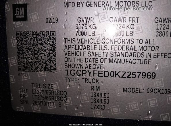 1GCPYFED0KZ257969 2019 CHEVROLET SILVERADO Gray Вид підкапотного простору