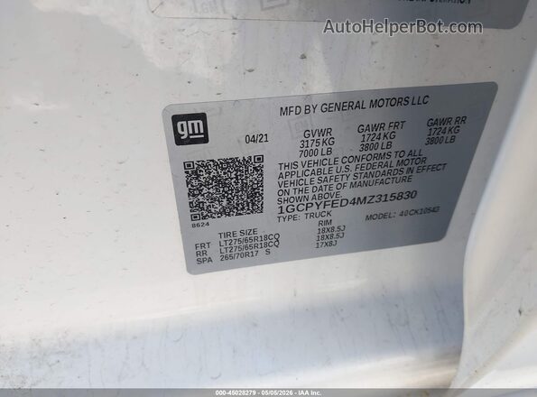 1GCPYFED4MZ315830 2021 CHEVROLET SILVERADO White 