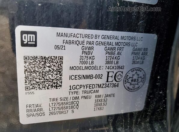 1GCPYFED7MZ347364 2021 CHEVROLET SILVERADO Black 