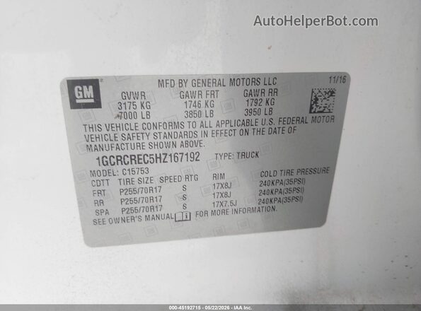 1GCRCREC5HZ167192 2017 CHEVROLET SILVERADO White Вид підкапотного простору