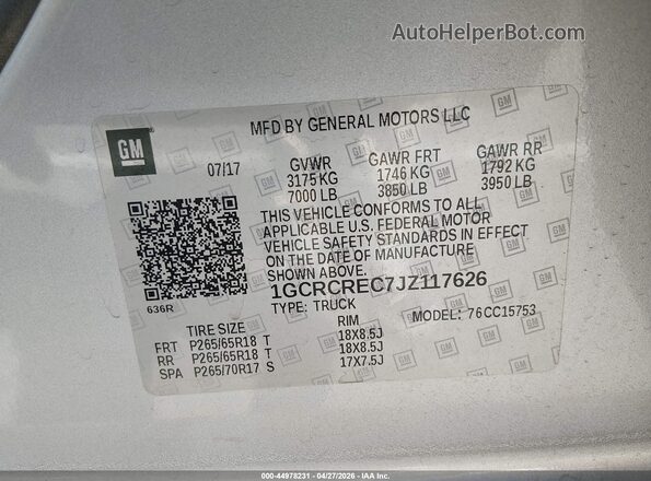1GCRCREC7JZ117626 2018 CHEVROLET SILVERADO Silver Vista del compartimento del motor